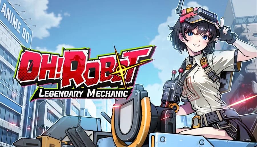 Oh! Robot: young girl mechanic in goggles salutes beside a robot arm, in a bright city street with glass buildings.