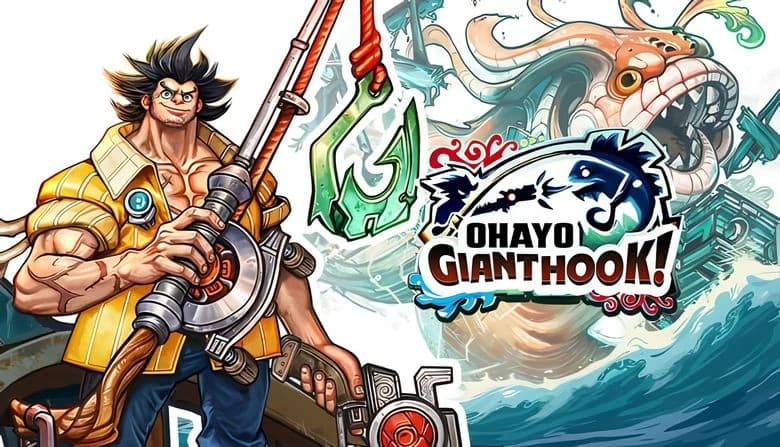 OHAYO GIANTHOOK!: Muscular man with giant hook and handgun stands ready. Monstrous sea creature looms in stormy waters.