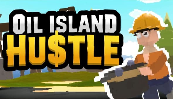 Oil Island Hustle: blocky man in yellow hard hat holds green map near ocean, oil pumps and trees behind him.