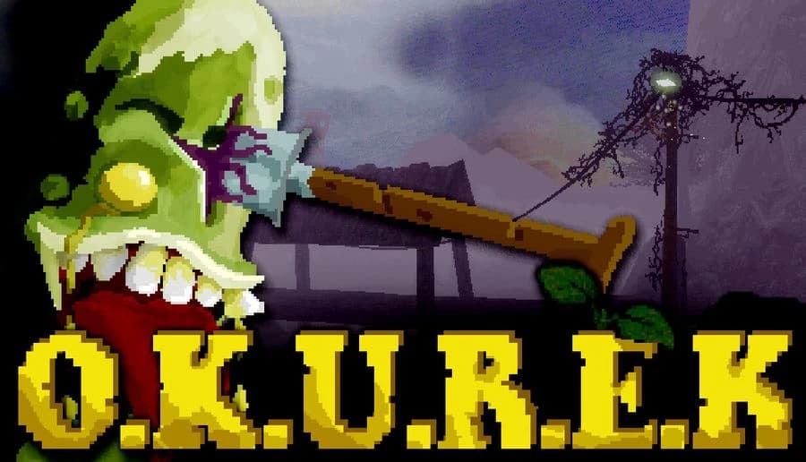 OKUREK: green monster head with big teeth and red tongue beside a pickaxe, over dark swirling smoke background.