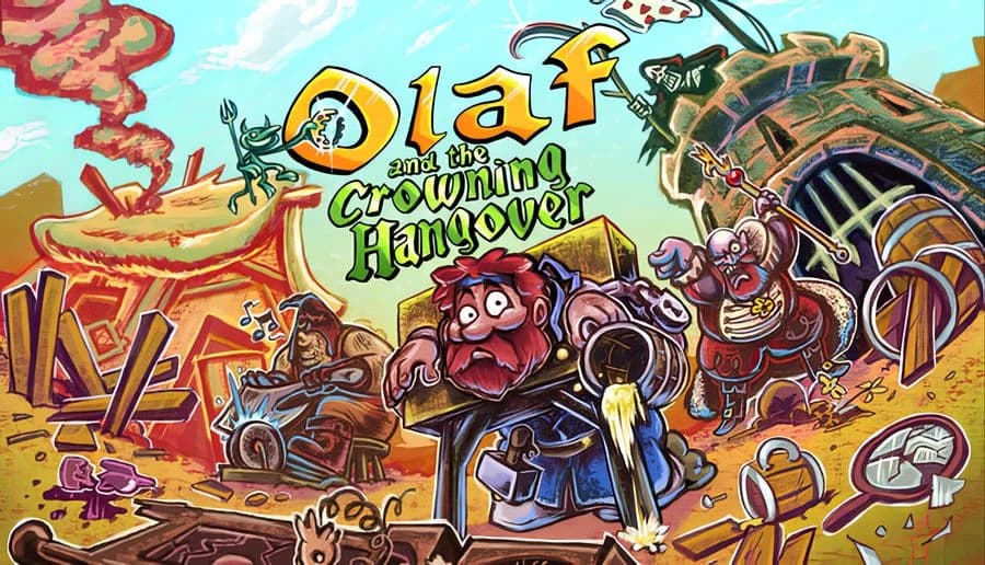 Olaf and the Crowning Hangover: Bearded red-haired man in armor spills ale, chased by guards in a ruined town street.