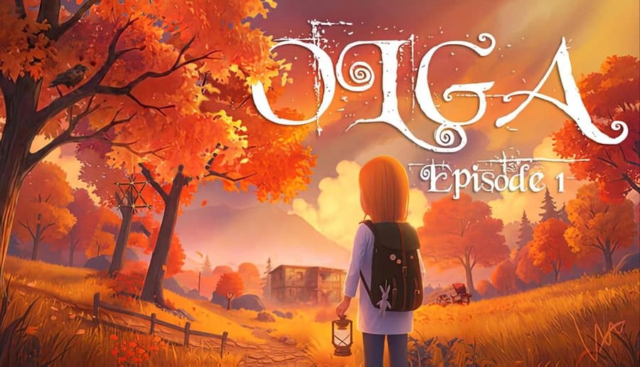 Olga: young girl with backpack and lantern faces a village house along an autumn forest path at sunset.