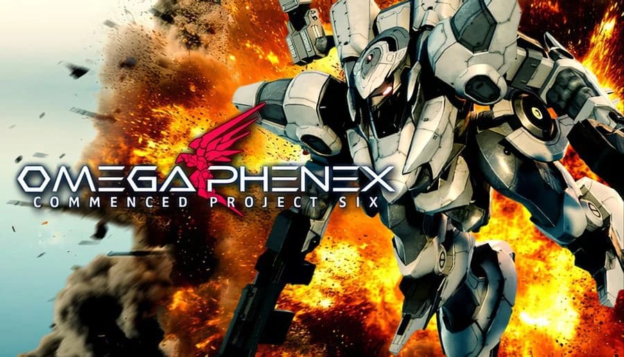 OMEGA PHENEX COMMENCED PROJECT SIX: white humanoid mech aiming rifle as fireball explosion fills backdrop in space.