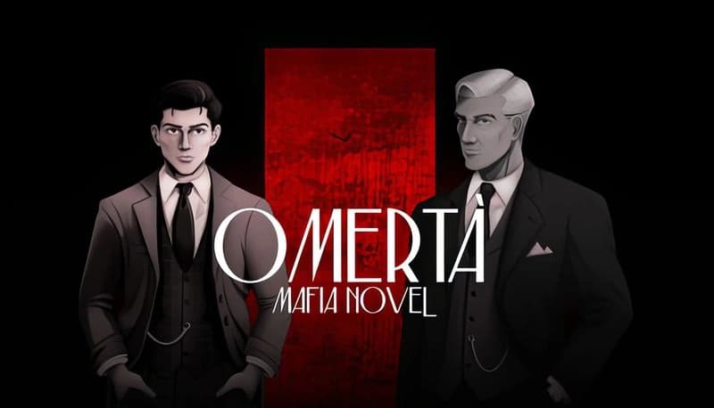 Omertà: Two suited men stand in front of a red background, one younger with short hair, the other older with styled hair.