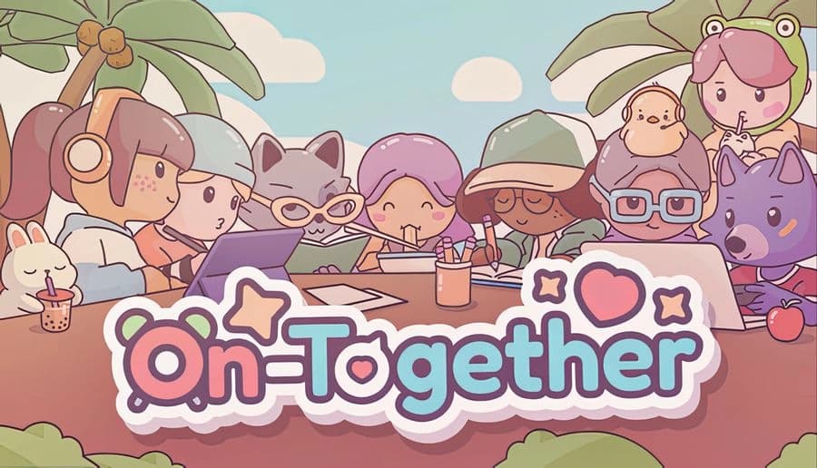On-Together: Diverse group of young friends working and chatting at a desk under palm trees, joined by cute animals and laptops.