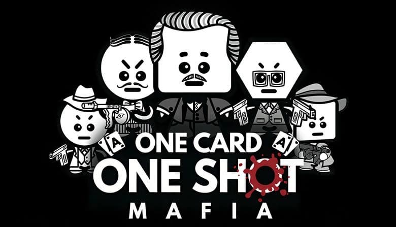 Five stylized mafia figures with angry expressions hold weapons, including pistols and tommy guns, wearing suits and hats.