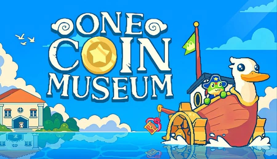 One Coin Museum: seagull-headed boat with a green frog captain holding a flag on calm sea under blue sky.
