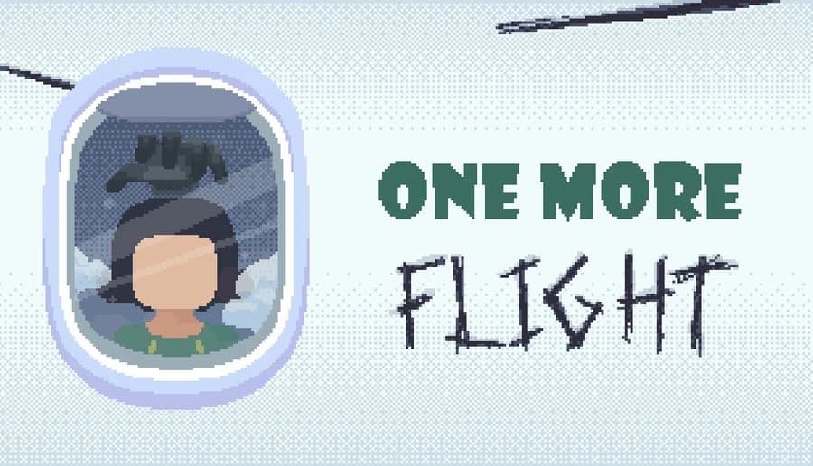 One More Flight: pixel-art passenger looking out airplane window at dark clouds, with seat headrest behind them.