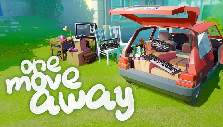 A red car with open trunk filled with items like a dart board, keyboard, and roller skates. Nearby, furniture and boxes.