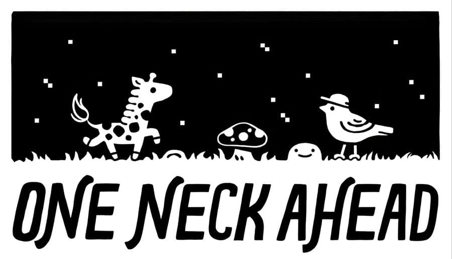 One Neck Ahead: pixel giraffe trots past mushroom and blob creature toward smiling bird on grassy ground at night.