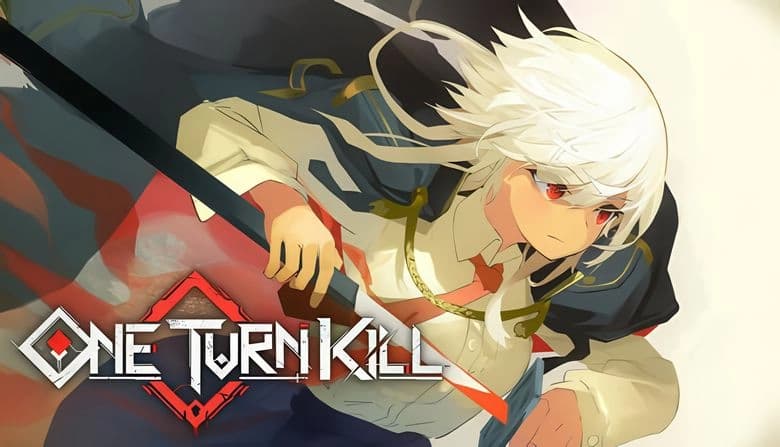 One Turn Kill: Young girl with white hair and red eyes, in shirt and tie, dashes forward sword drawn, cloak flowing.