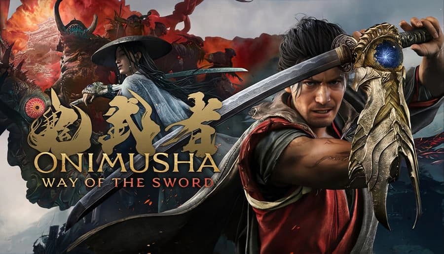 Onimusha: Samurai warrior raises ornate sword in close-up while another swordsman faces demons in red smoke backdrop.