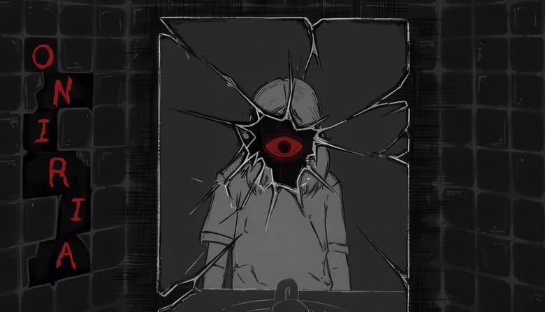 Oniria: Young person’s cracked mirror reflection reveals dark void with red eye, set in dimly lit, dark tiled bathroom.