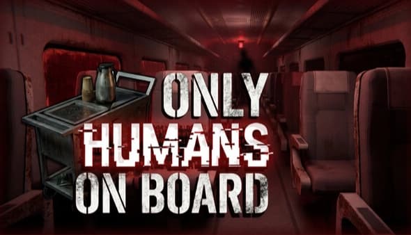Only Humans On Board: metal service trolley with kettle and supplies in dim red-lit train aisle with empty seats.