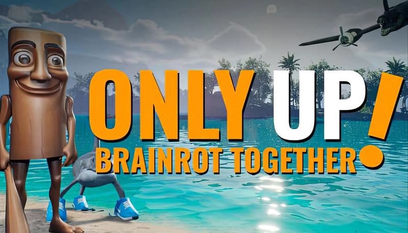 Only Up: Wooden character next to a kangaroo wearing shoes by a turquoise lake, palm trees, and an airplane overhead.
