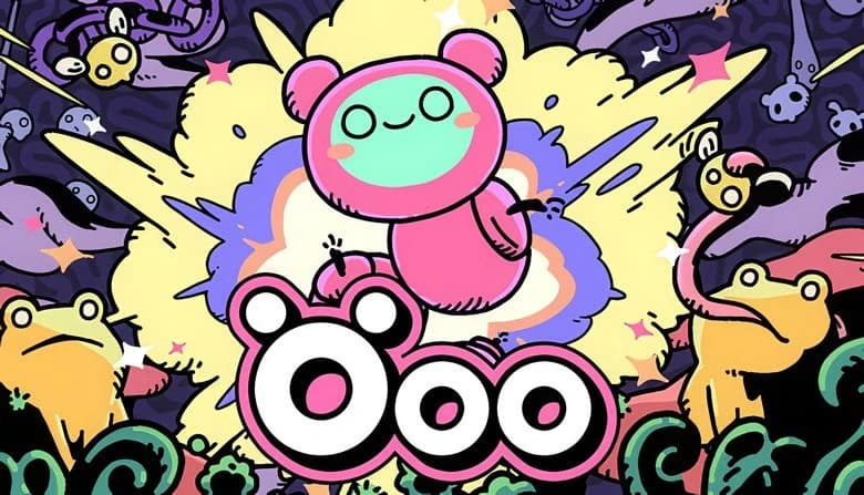 A pink cartoon smiling caterpillar is at the center of a colorful explosion, surrounded by colorful frogs, flies, and vines.