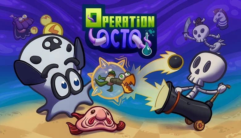 Cartoon octopus with skull, wide eyes, watches skeleton firing cannon underwater. Fish turret and sea creatures in battle.