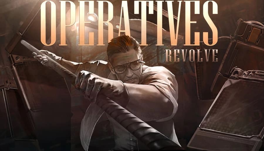 OPERATIVES: Man with glasses aims a rifle while crouching behind metal cover in a smoky, orange-lit room.