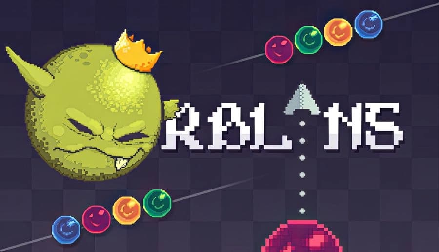 Orblins: green goblin head with crown beside multicolored orbs and pixel title on dark grid background.