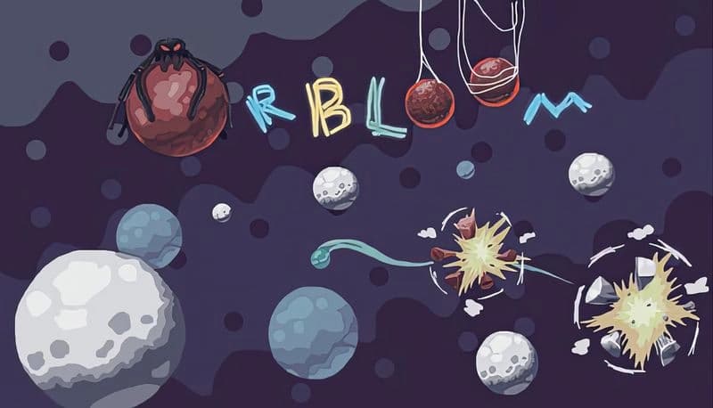 Orbloom: Space scene with planets, webbed spheres, explosions; spider with red eyes rests on one planet amid dark backdrop.