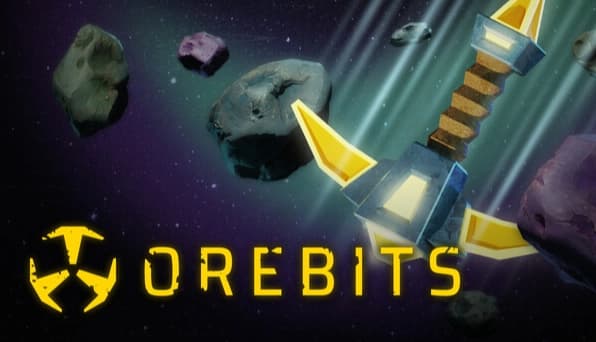 Orebits: yellow-tipped pickaxe rocket streaks past floating asteroids in starry space with purple nebula backdrop.