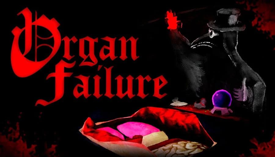 Organ Failure: plague doctor leans over patient on table in dark room, purple organ jar in foreground.