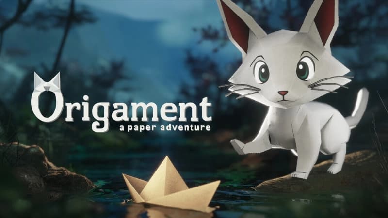 A paper-crafted cat with large eyes stands near a small folded paper boat on a softly illuminated lake.