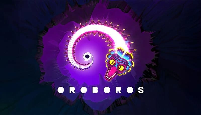 OROBOROS: Glowing serpentine creature with a stylized head spirals into a purple vortex, creating a cosmic scene.