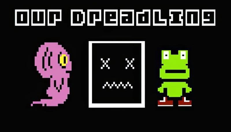 Our Dreadling: Pink dreadling, green pixel frog, and square face with X eyes on black backdrop, minimalistic retro style.