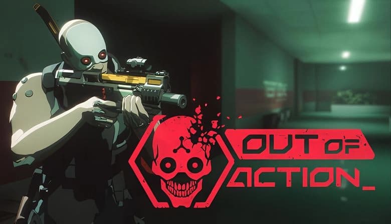 Out of Action: Robotic figure with gun in dim hallway, cyberpunk setting, red eyes glowing, tense and ready for combat.