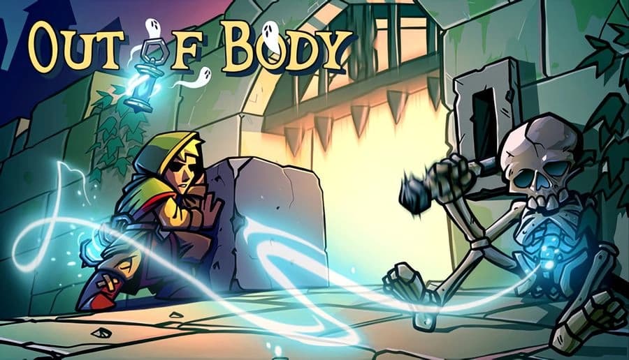 Out of Body: hooded traveler crouches behind a stone block as a glowing skeleton reaches out in a ruined courtyard.