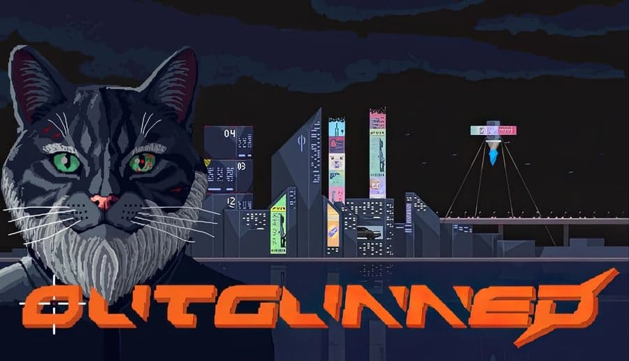 OUTGUNNED!: Close-up gray tabby cat face beside orange title over neon cyberpunk skyline with holographic billboards.