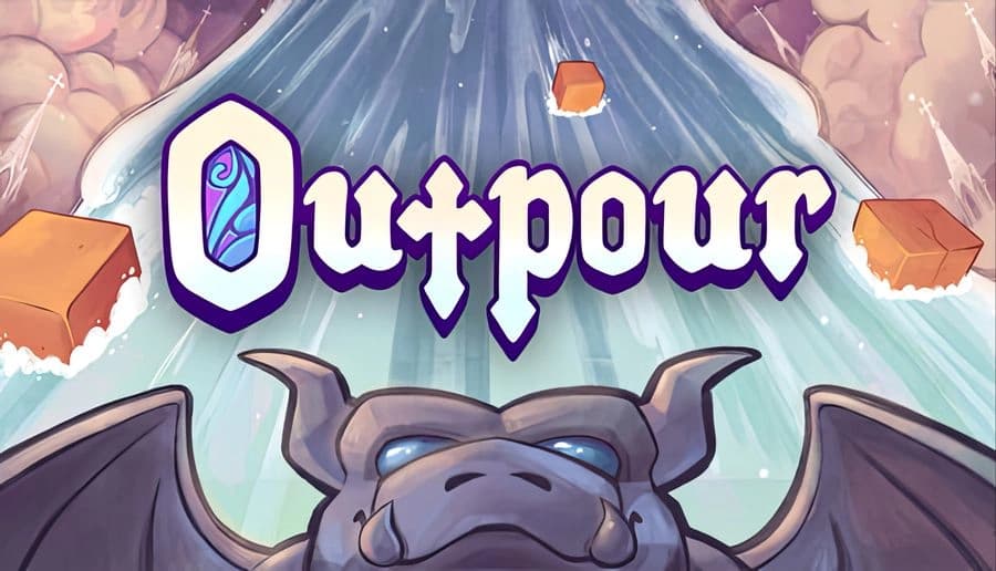 Outpour: Purple title over waterfall with floating brick platforms and a horned stone gargoyle at bottom edge.