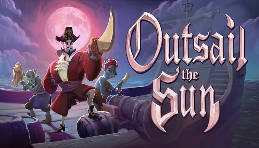 Outsail The Sun: fanged pirate captain in red coat holds curved sword on ship deck under pink moonlit sky.