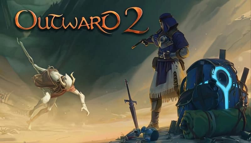 Outward 2: Warrior confronts a skeletal creature in desert setting, sword ready, near glowing backpack and supplies.