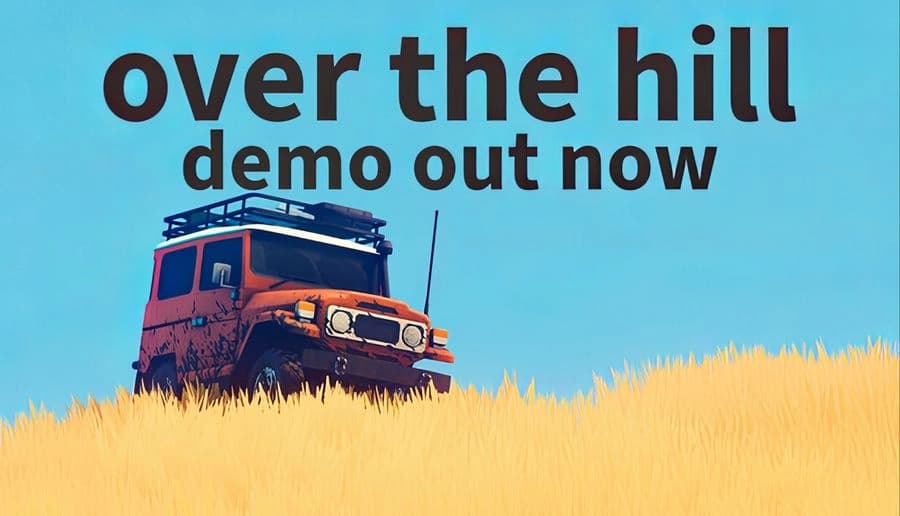 over the hill: red offroad van with roof rack parked in tall yellow grass under blue sky, front view.