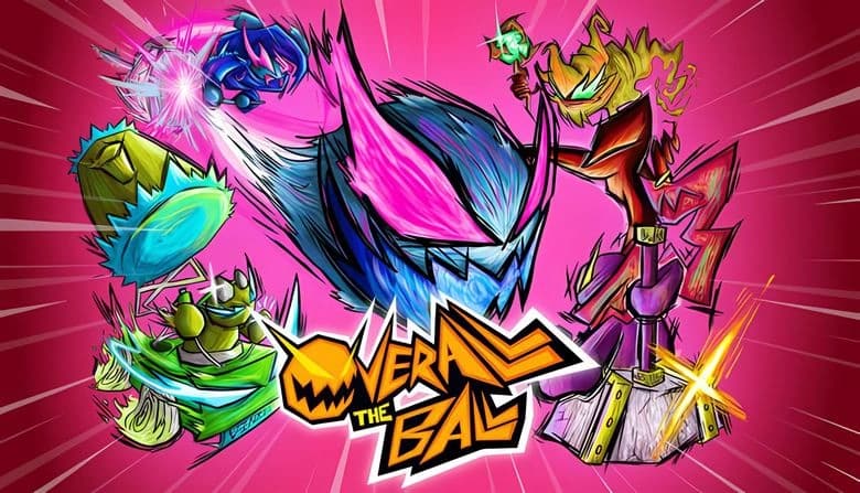 OVERALL THE BALL: Colorful figures clash with a large glowing blue ball with pink eyes on a vibrant pink backdrop.