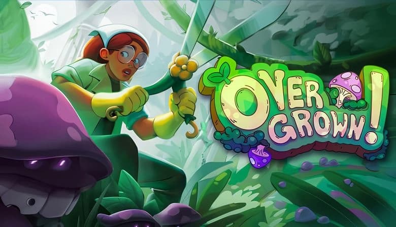 Overgrown!: Young woman with large scissors cuts vine in lush, overgrown museum, near sinister, large purple mushrooms.
