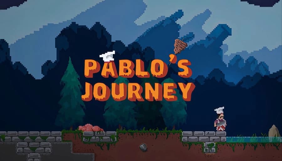Pablo’s Journey: pixel chef in white hat stands by stone ruins and a parked spaceship under starry night sky.