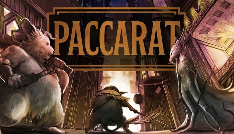 Paccarat: Three anthropomorphic animals gather in a dimly lit, futuristic alley surrounded by towering buildings.