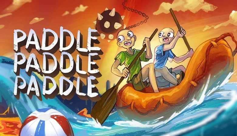 Paddle Paddle Paddle: Two bald men paddle inflatable raft through turbulent waters, dodging a spiked ball under fiery sky.