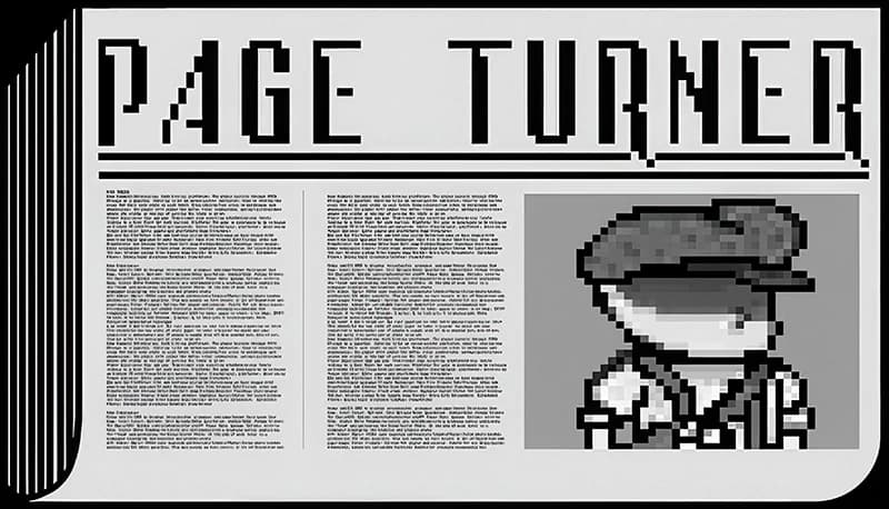 Young boy with a cap and suspenders in a grayscale pixel art style, next to columns of pixelated text on a newspaper.