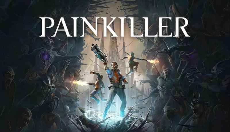 Painkiller: Armored man wielding a glowing weapon stands amid a horde of monstrous creatures in a mystical forest setting.
