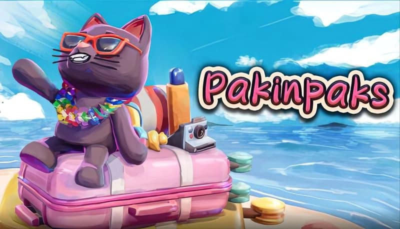 Pakinpaks: Cat with sunglasses sits on pink suitcase with camera, surrounded by ocean and sky, wearing a colorful lei.