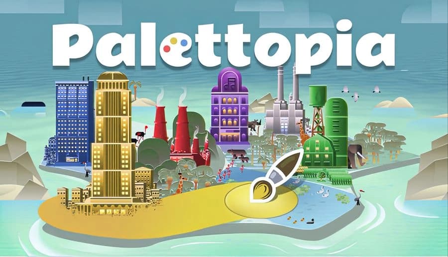 Palettopia: paintbrush beside a tiny city with colorful towers and domes, river and trees under a cloudy sky.