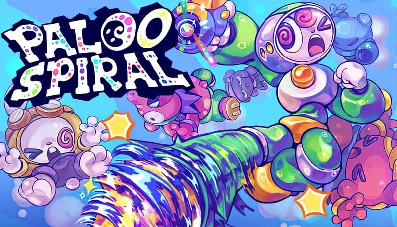Paloo Spiral: Cartoon robots in vibrant armor spiral upward in a dynamic action scene, surrounded by colorful energy bursts.