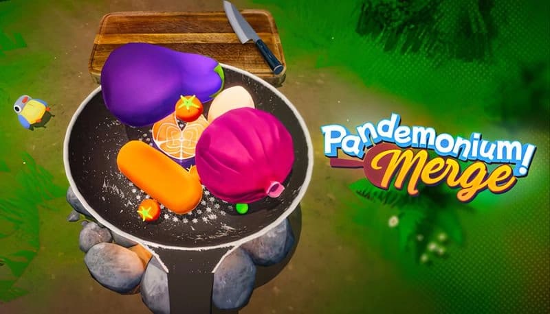 PANdemonium: Cartoon hand cooks glowing ingredients in a pan by campfire, with colorful forest and bird watching nearby.
