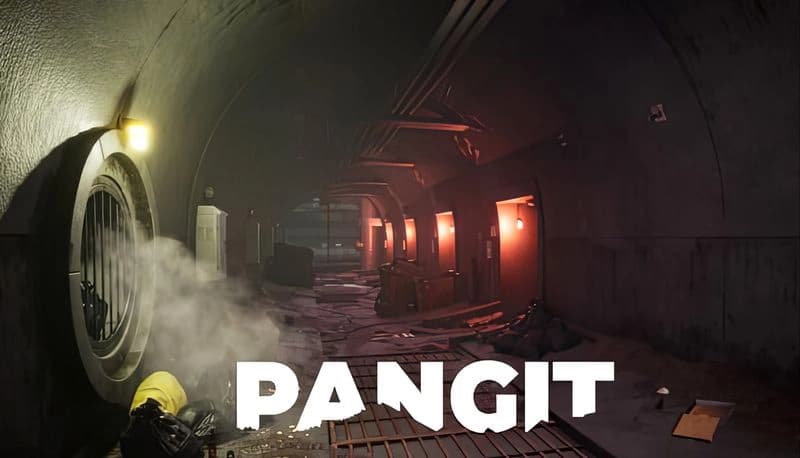 PANGIT: Dimly lit tunnel with debris, red lights, and steam creating an eerie atmosphere in the abandoned military base.