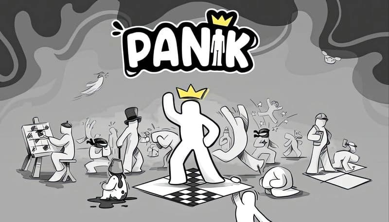 PANIK: Crowned figure stands on chessboard, surrounded by diverse characters in chaotic gray setting with swirling patterns.