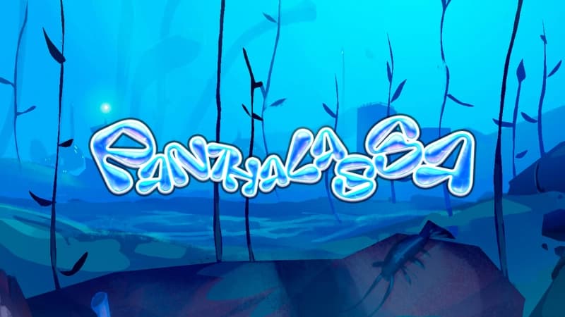 Underwater alien world with tall, slender plants and blue hues. An underwater creature rests on a rock.